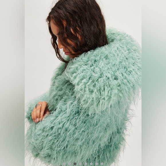 Free People Moonlight Faux Fur Jacket Collar Slouchy Cropped Granite Green - Picture 3 of 8